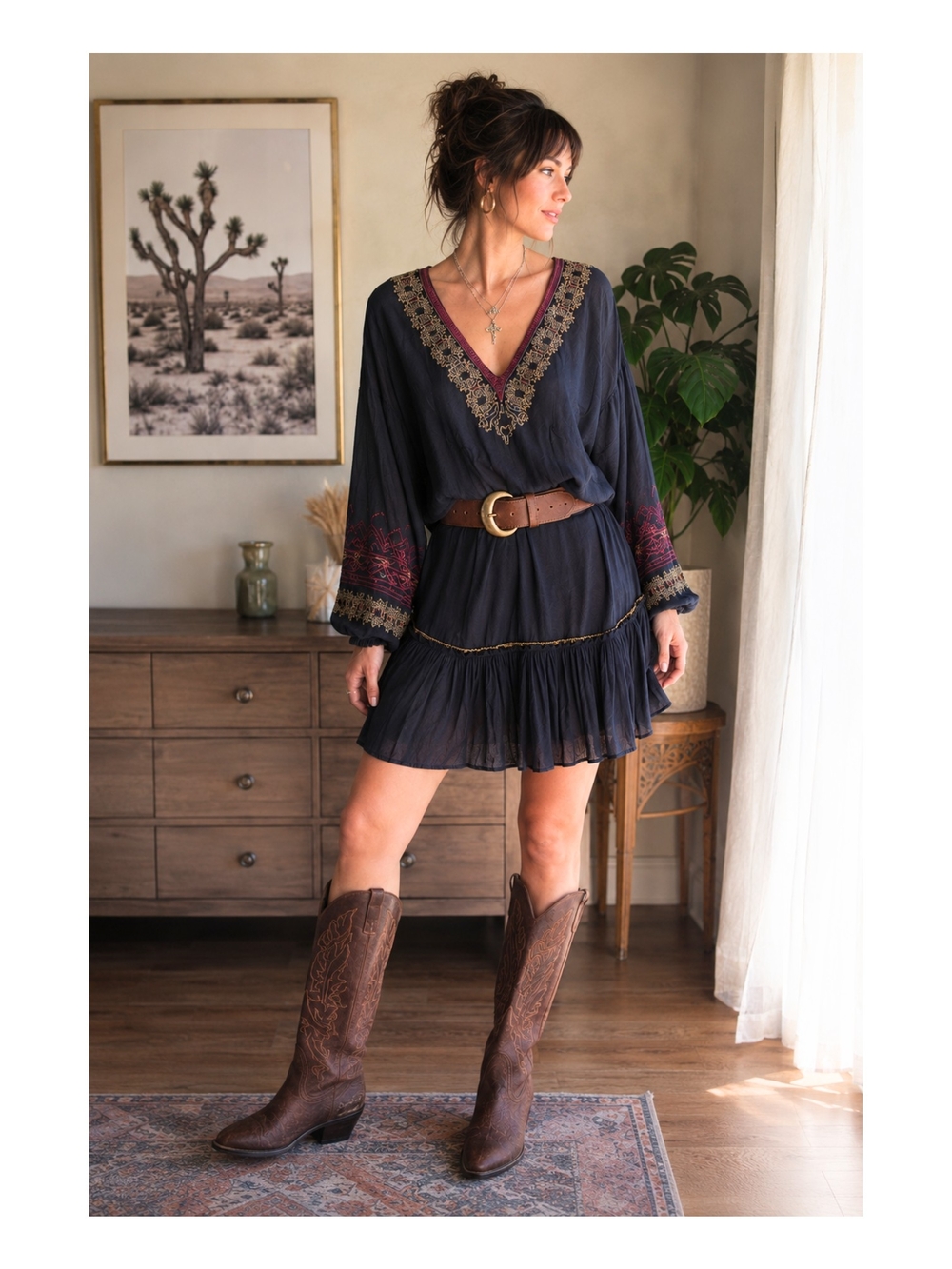 Free People Wild One Embroidered Peasant Dress Black Boho Tunic Size S